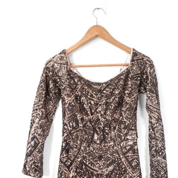 Brown Evening Dress XS Long Gown Sequin Off The Shoulder Maxi Allover Formal USA - Picture 3 of 11